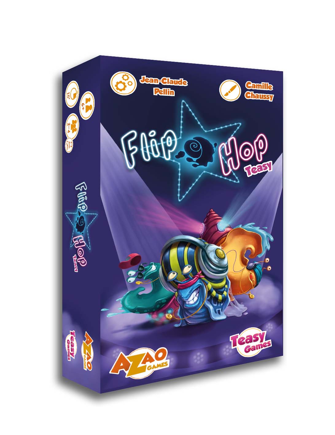 Boîte du jeu Flip Hop avec un escargot DJ multicolore et 2 escargots danseurs sur scène et une ambiance de concert électro