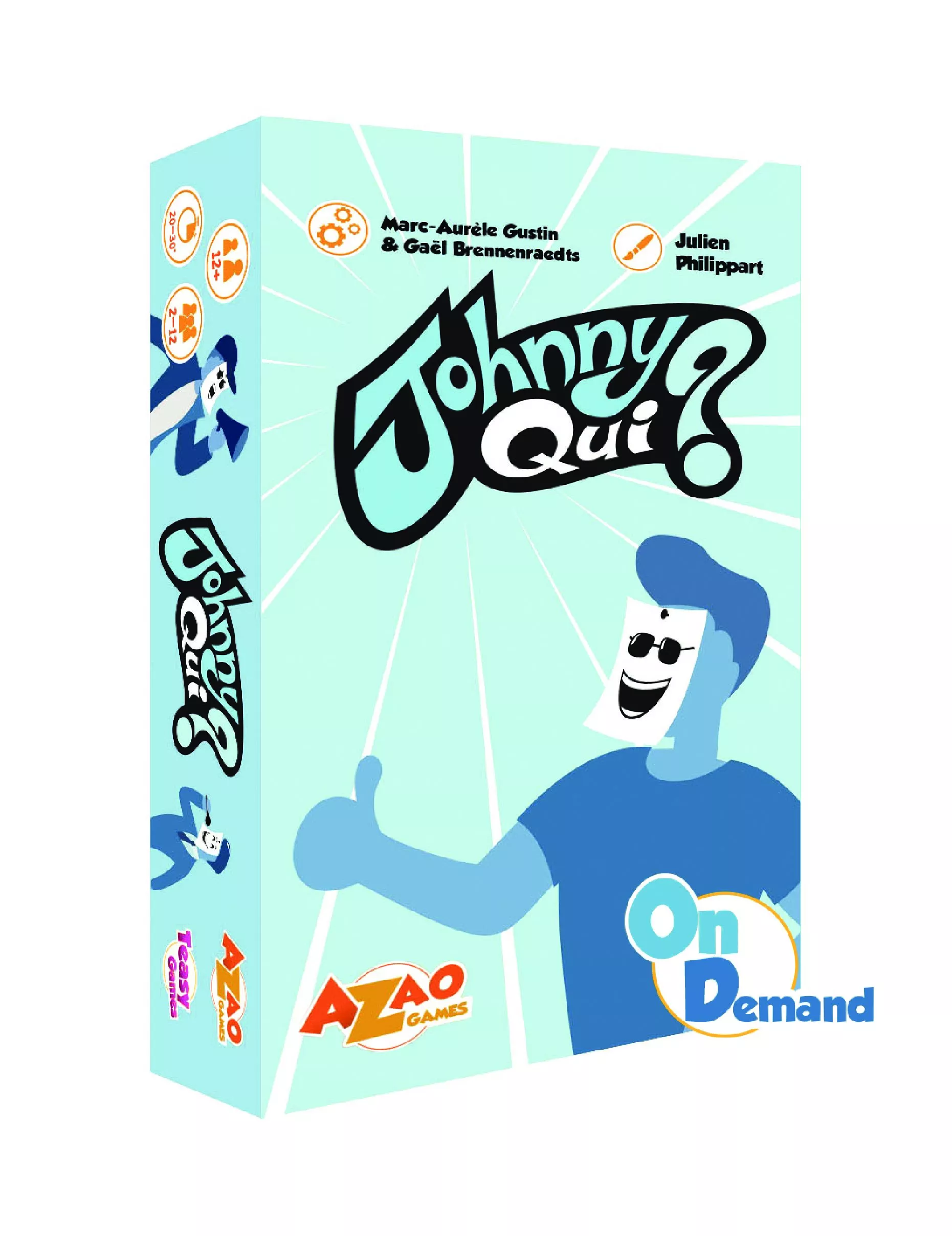 Jeu "Johnny Qui?" On Demand, boîte bleue avec un personnage joyeux, produit imprimé à la demande